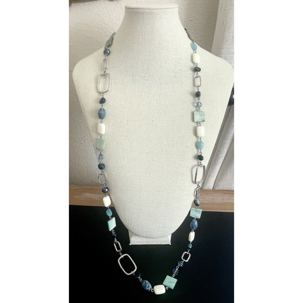 Lia Sophia Vista Blue Creme Shell Silvertone Geo Long Necklace